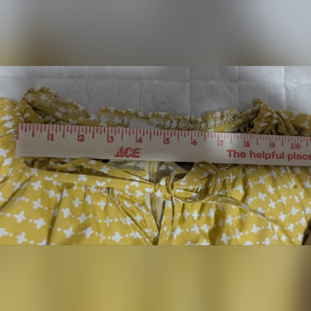 Loft Tiered Cotton Dress Sz M  Mustard Yellow Multi Print Knee Puff Sleeve 🌼(4) - Picture 15 of 16